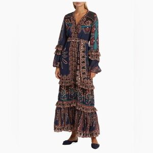 FARM Rio Ainika Tapestry Orange Slit Maxi Dress. Size XS